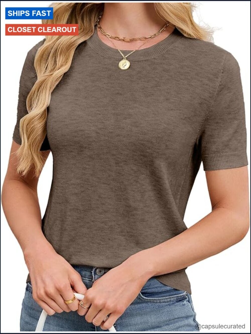 Lightweight Wool Blend Short Sleeve Crew Neck Pullover Sweater Work Top